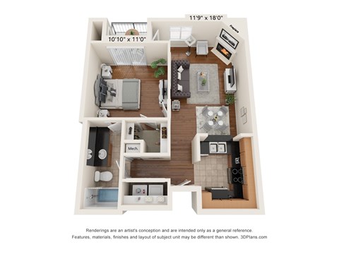Floor plan for 1 bed, 1 bath, 636 sqft